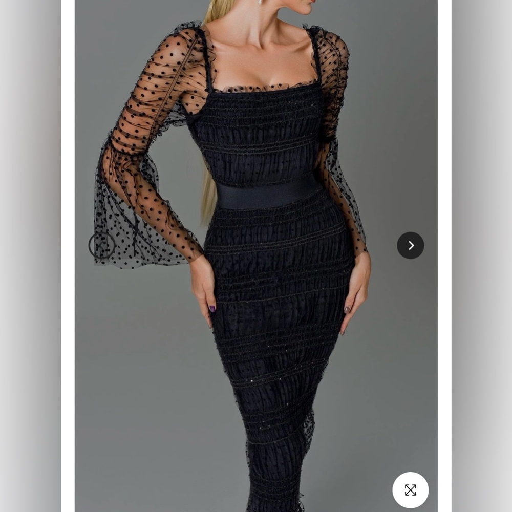 Black Midi Dress with Sheer Dotted Sleeves - Picture 2 of 10